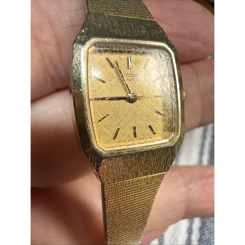 VTG Seiko Watch Women 18mm Gold Dial Gold Tone 2C21-1090 Tonneau New Battery